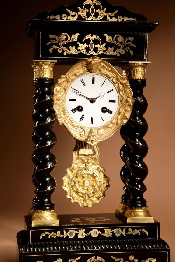 Antique An Original Ebonised and Brass Inlaid French Portico Clock circa:1870