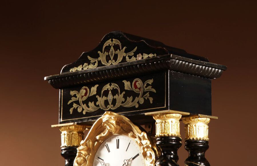 Antique An Original Ebonised and Brass Inlaid French Portico Clock circa:1870
