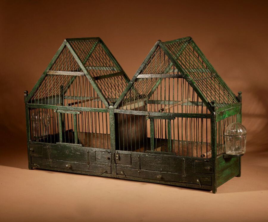 Antique Folk Art Architectural Two Roofs Wooden Painted Birdcage.