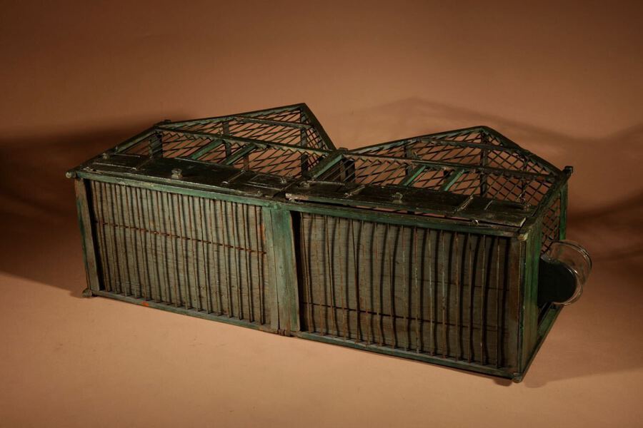 Antique Folk Art Architectural Two Roofs Wooden Painted Birdcage.
