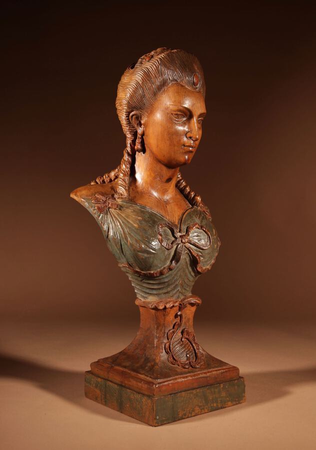 Antique An Excellent Quality Russian Sculpture Of A Bust Wood Carving Of A Noble Lady Circa: 1770