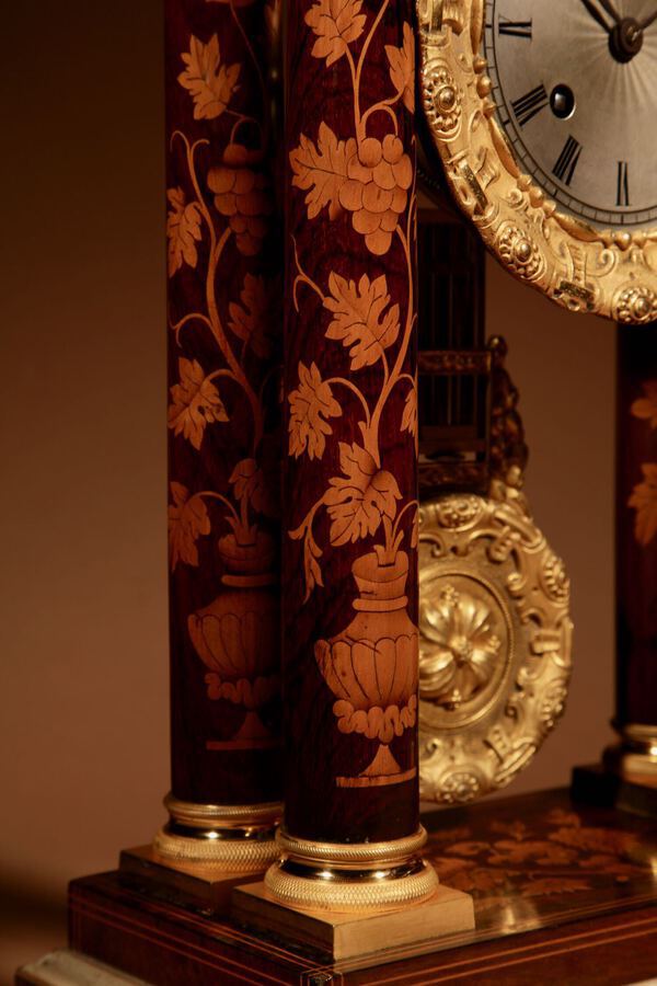 Antique  A Very Decorative And Unusual Rosewood/Palisandre Inlaid With Lemon Wood Marquetry and Ormolu Portico Clock Circa: 1850-70