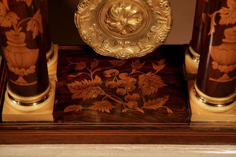 Antique  A Very Decorative And Unusual Rosewood/Palisandre Inlaid With Lemon Wood Marquetry and Ormolu Portico Clock Circa: 1850-70