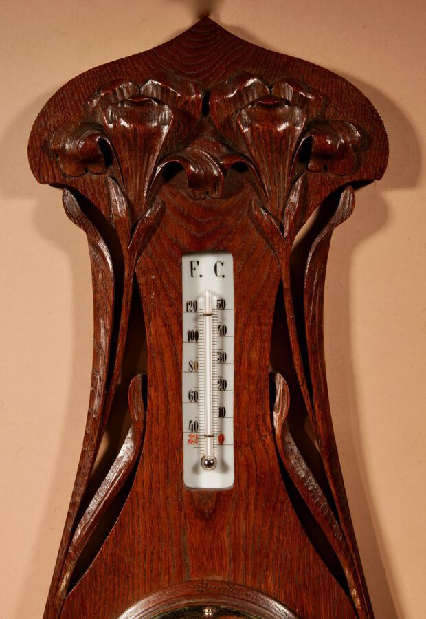 Antique Art Nouveau Very Stylish Dutch Oak Barometer.