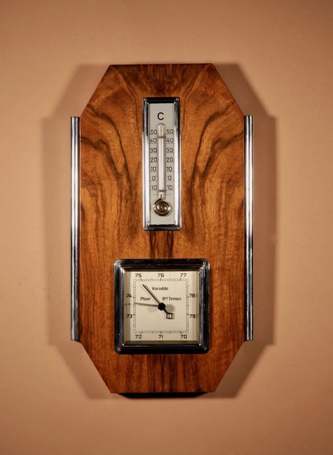 Art Deco Walnut And Chrome Barometer Thermometer.