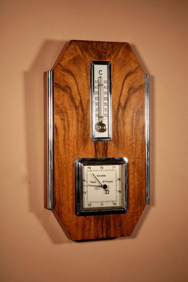 Antique Art Deco Walnut And Chrome Barometer Thermometer.