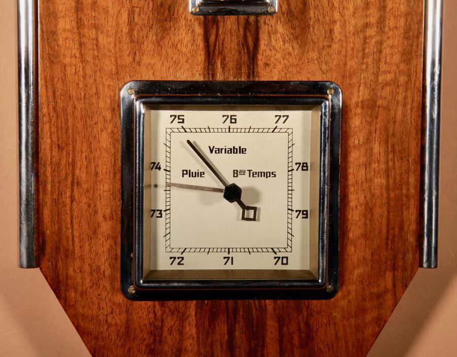 Antique Art Deco Walnut And Chrome Barometer Thermometer.