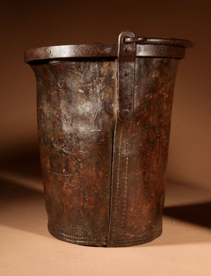 Antique Original Leather And Wrought Iron Pair Of Marked (Fire) Buckets.