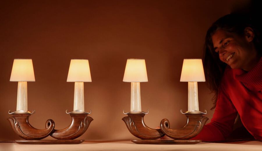 Antique Art Deco Signed Prodbon Paris Beautiful Pair Of Rosewood Table Lamps.