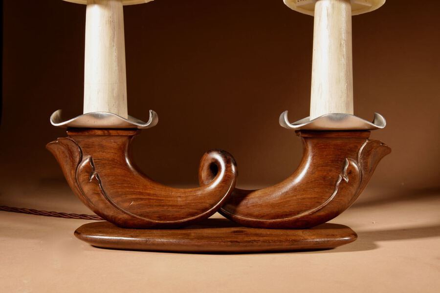 Antique Art Deco Signed Prodbon Paris Beautiful Pair Of Rosewood Table Lamps.