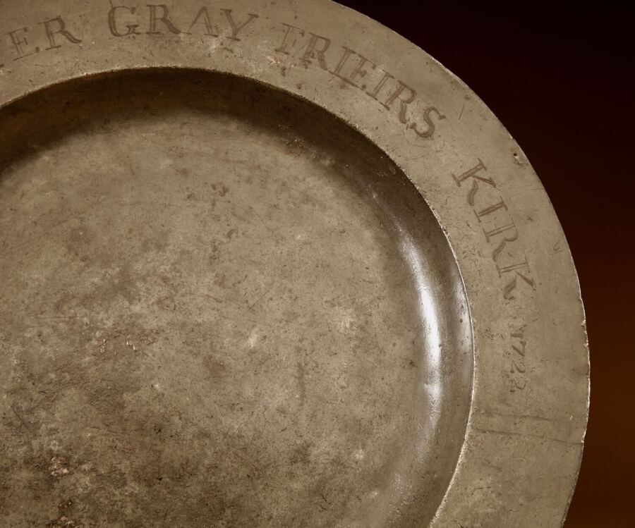 Antique Scottish Interest A Large Pewter Alm/Bread Dish Made For Greyfriars Church Edinburgh in 1722