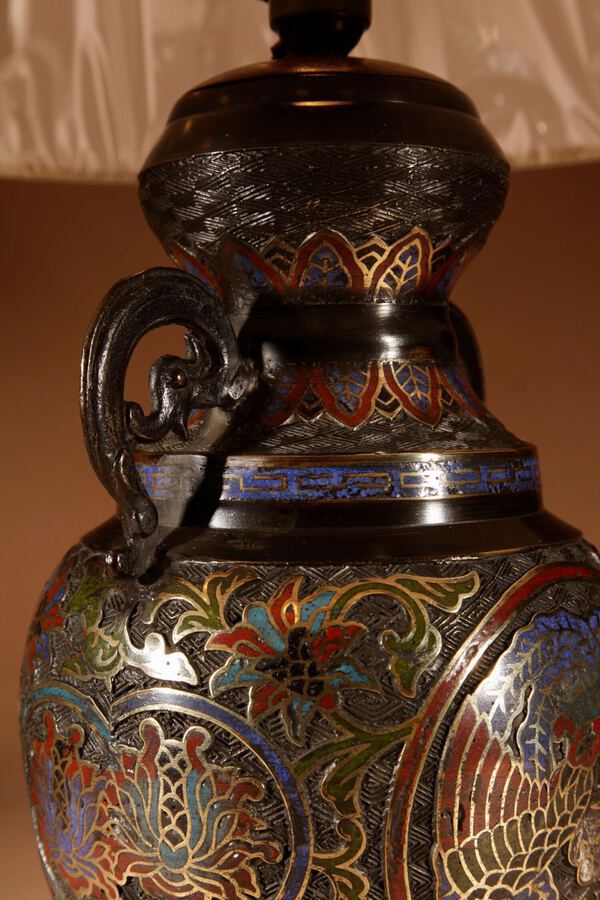 Antique A Decorative Champlevé Japanese bronze table lamp.
