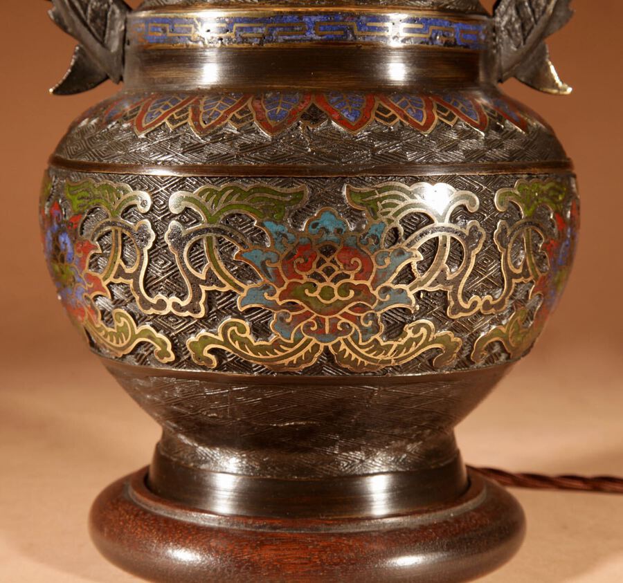 Antique A Decorative Champlevé Japanese bronze table lamp.