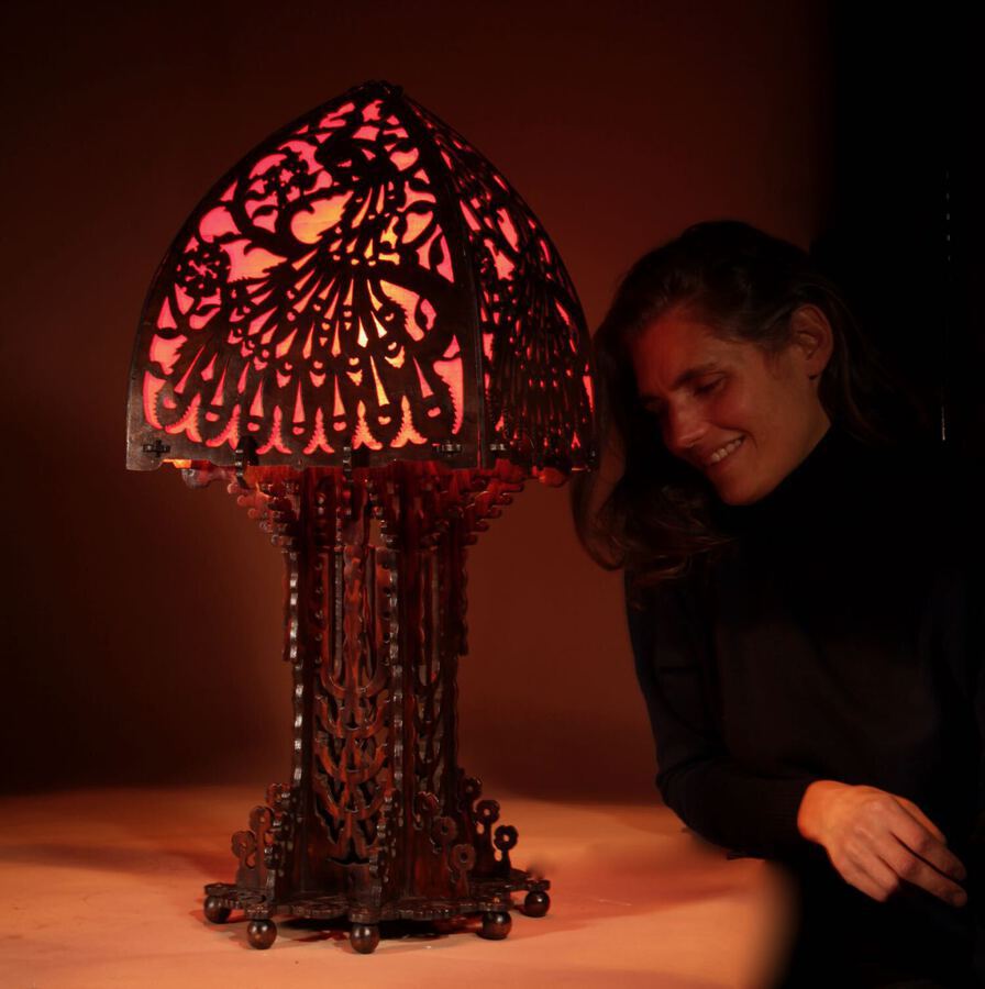 Amsterdam School 1900-20 A Very Impressive And Stylish Fretwork Wooden Table Lamp.