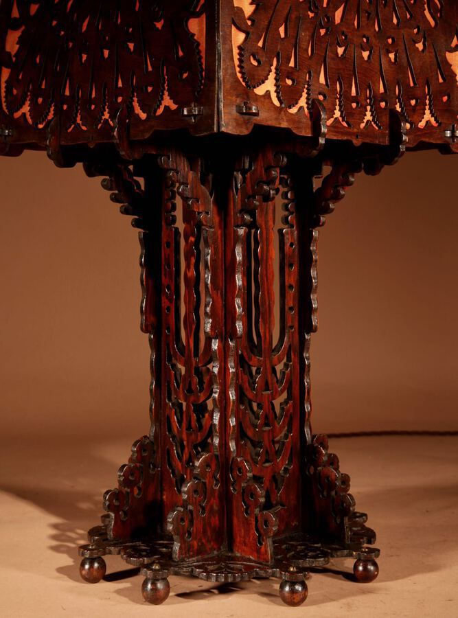 Antique Amsterdam School 1900-20 A Very Impressive And Stylish Fretwork Wooden Table Lamp.