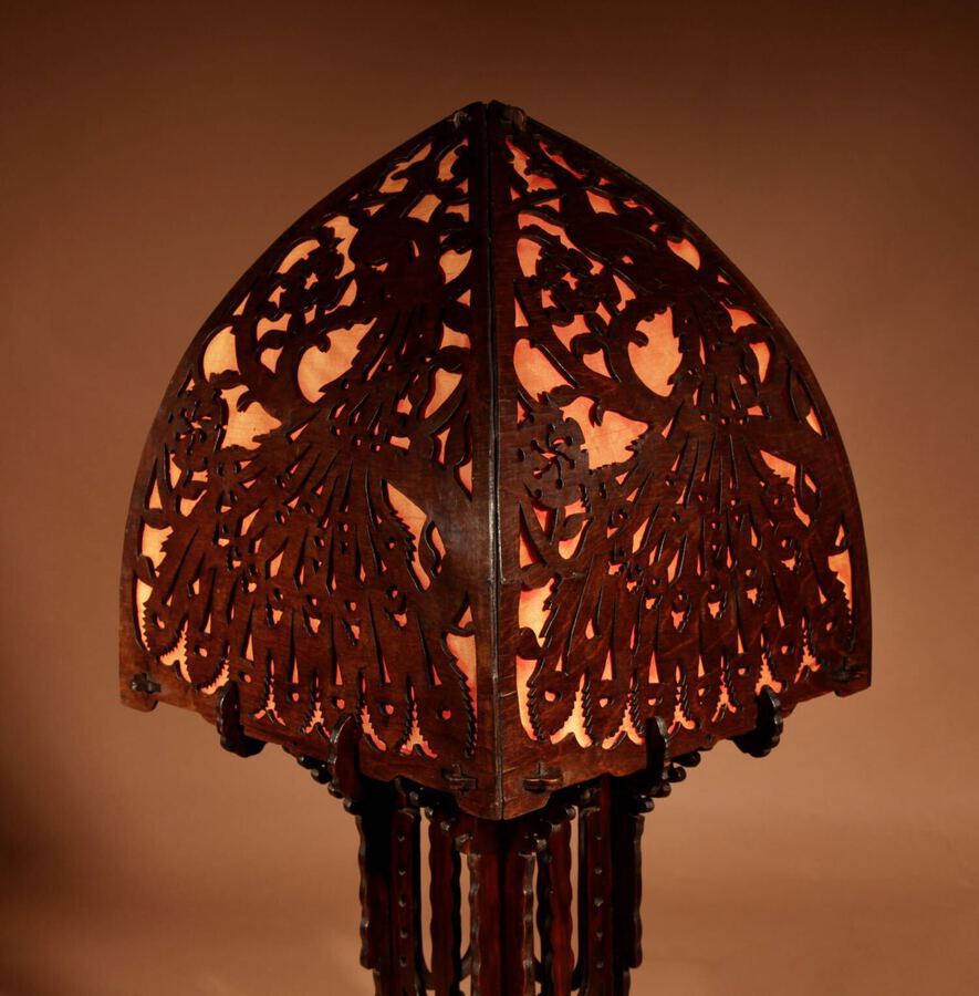 Antique Amsterdam School 1900-20 A Very Impressive And Stylish Fretwork Wooden Table Lamp.