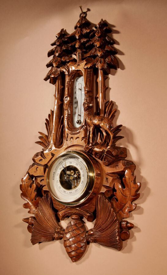 Antique Black Forest Golden Walnut Very Fine Carved Aneroid Barometer circa 1890.