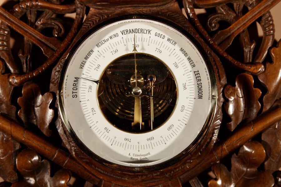 Antique Equestrian/Hunting Interest Black Forest Walnut Very Fine Carved Aneroid Barometer circa 1890.
