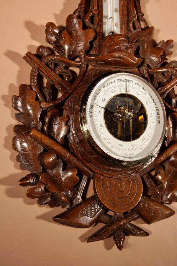 Antique Equestrian/Hunting Interest Black Forest Walnut Very Fine Carved Aneroid Barometer circa 1890.
