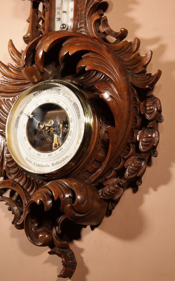 Antique Black Forest Walnut Rocaile Very Fine Carved Aneroid Barometer circa 1890.