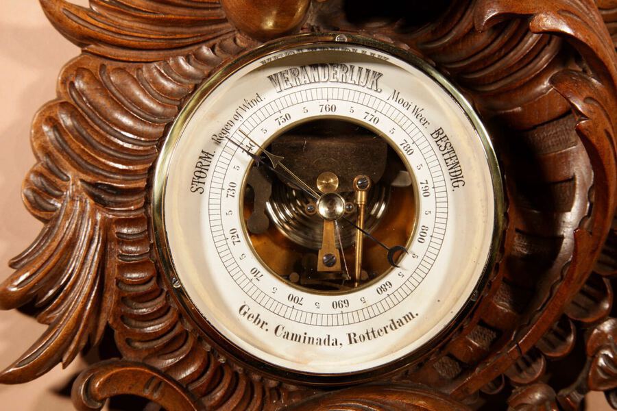 Antique Black Forest Walnut Rocaile Very Fine Carved Aneroid Barometer circa 1890.
