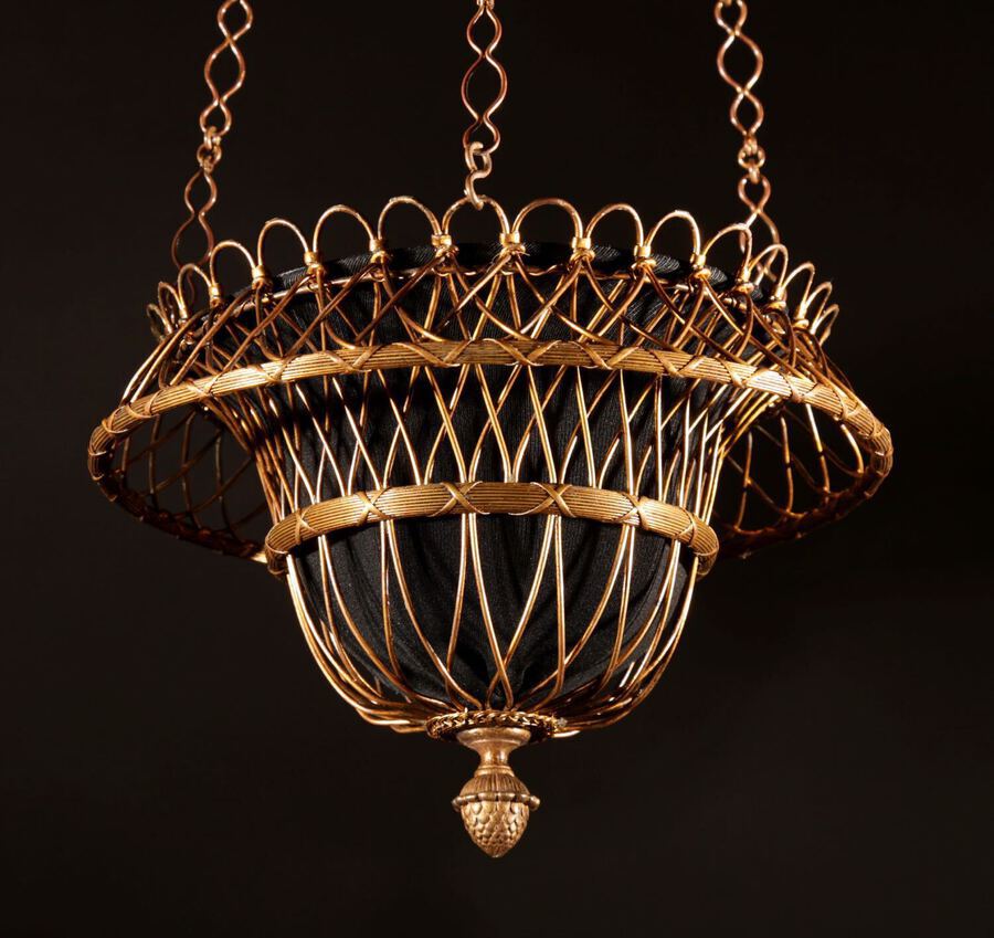 Antique Signed Marius-Ernest Sabino Paris, Rare Pair Of Early Sabino Gilded Bronze Woven Hanging Lamps/Jardinières Circa 1920.