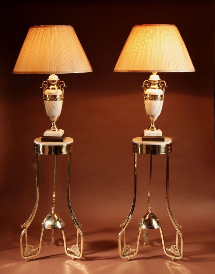 Amsterdam School Style Pair of Rare Brass and Marble Coffee/Plant/Lamp Stands Tables circa 1900.