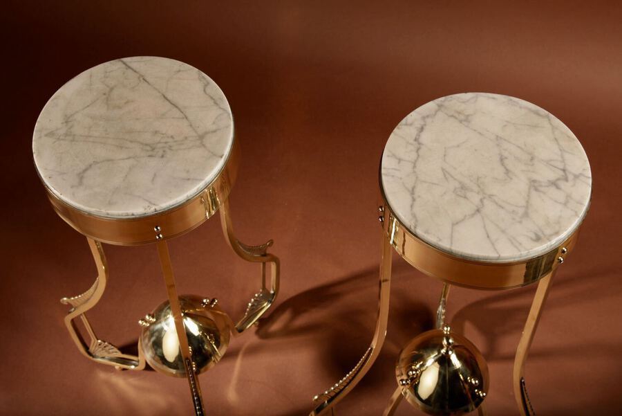 Antique Amsterdam School Style Pair of Rare Brass and Marble Coffee/Plant/Lamp Stands Tables circa 1900.