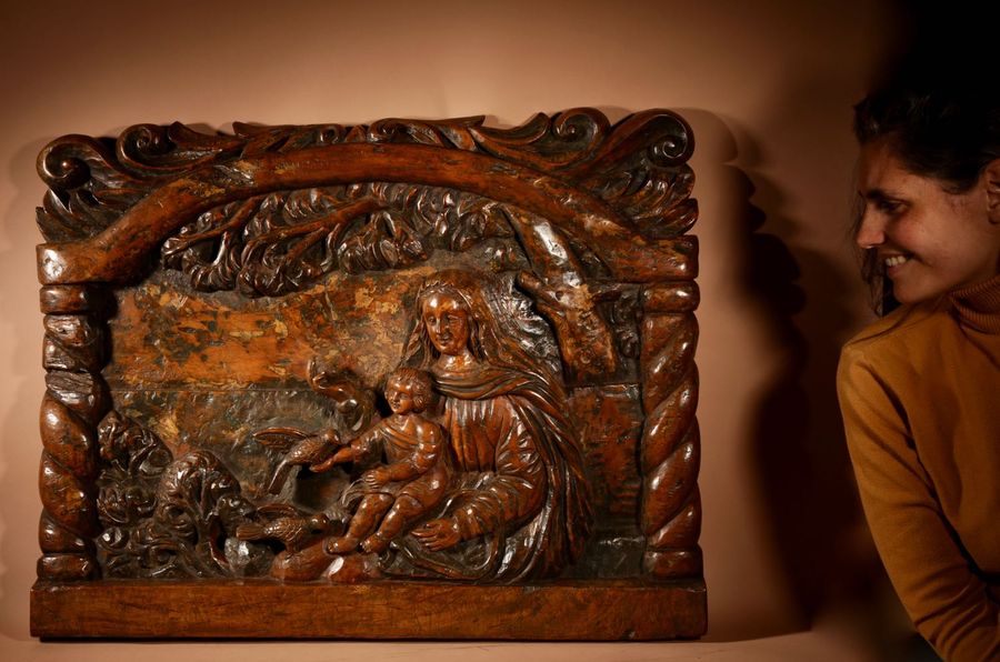 Antique Mary And Baby Jesus Feeding Birds. Large Walnut Relief Carving.