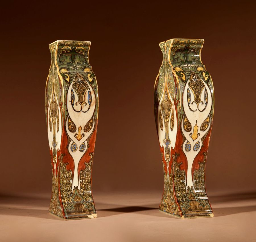 Antique Rozenburg Plateel/Ceramic Beautiful Pair Of Art Nouveau Mantelpiece Vases, 1895.