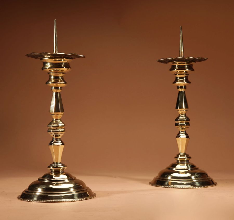 Antique A Pair Of Brass Pricket Candle sticks, 18th century.