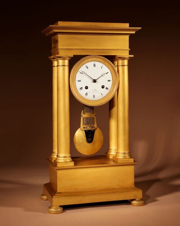 Interesting French Charles X Very Fine Original Gilded Portico Clock Circa 1830.