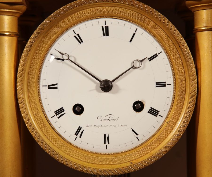 Antique Interesting French Charles X Very Fine Original Gilded Portico Clock Circa 1830.