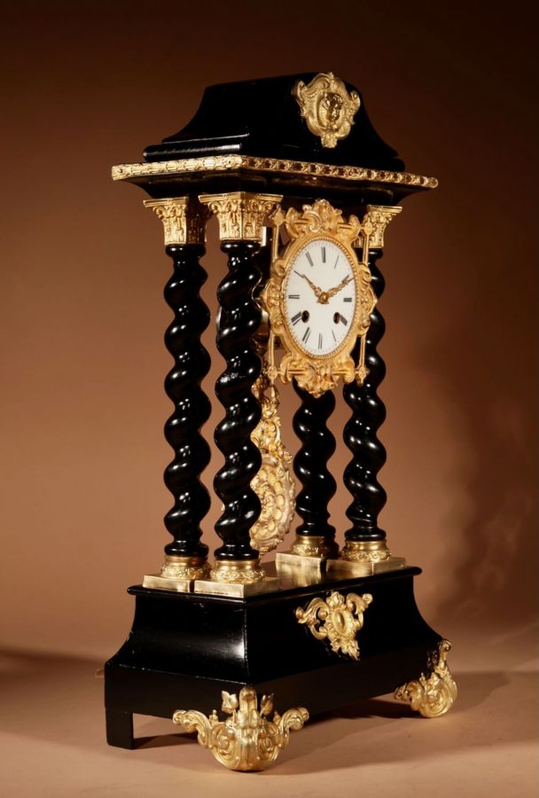 Antique Unusual French Ebonised And Gilded Portico Mantel Clock Circa 1870