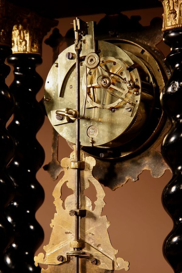 Antique Unusual French Ebonised And Gilded Portico Mantel Clock Circa 1870