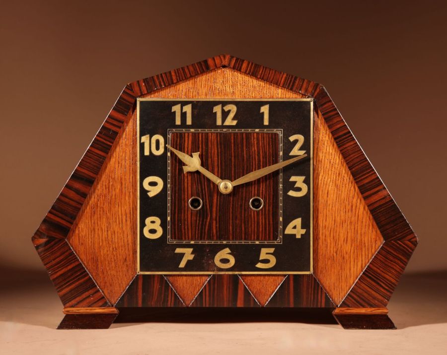 Antique Amsterdam School Art Deco Very Stylish Design Oak and Macassar Ebony/Coromandel Mantel Clock.