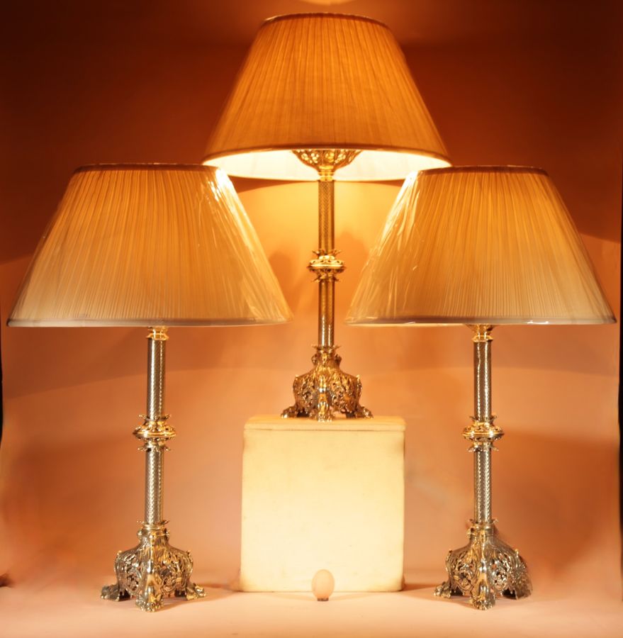Antique   A Pair Of Impressive Fine Cast Brass Table lamps, In The early Gothic Style.