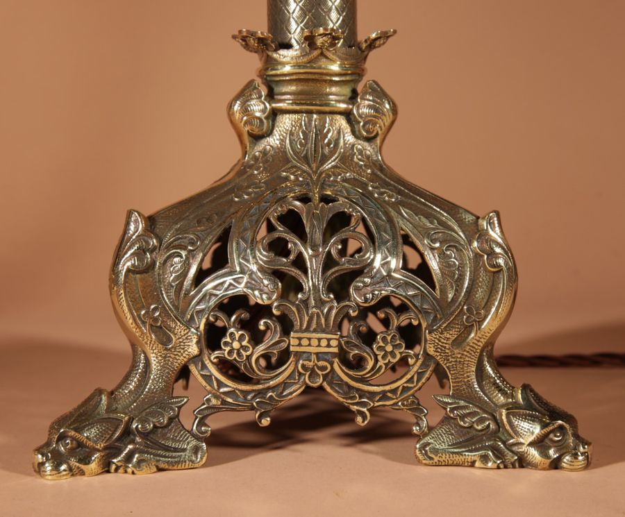 Antique   A Pair Of Impressive Fine Cast Brass Table lamps, In The early Gothic Style.