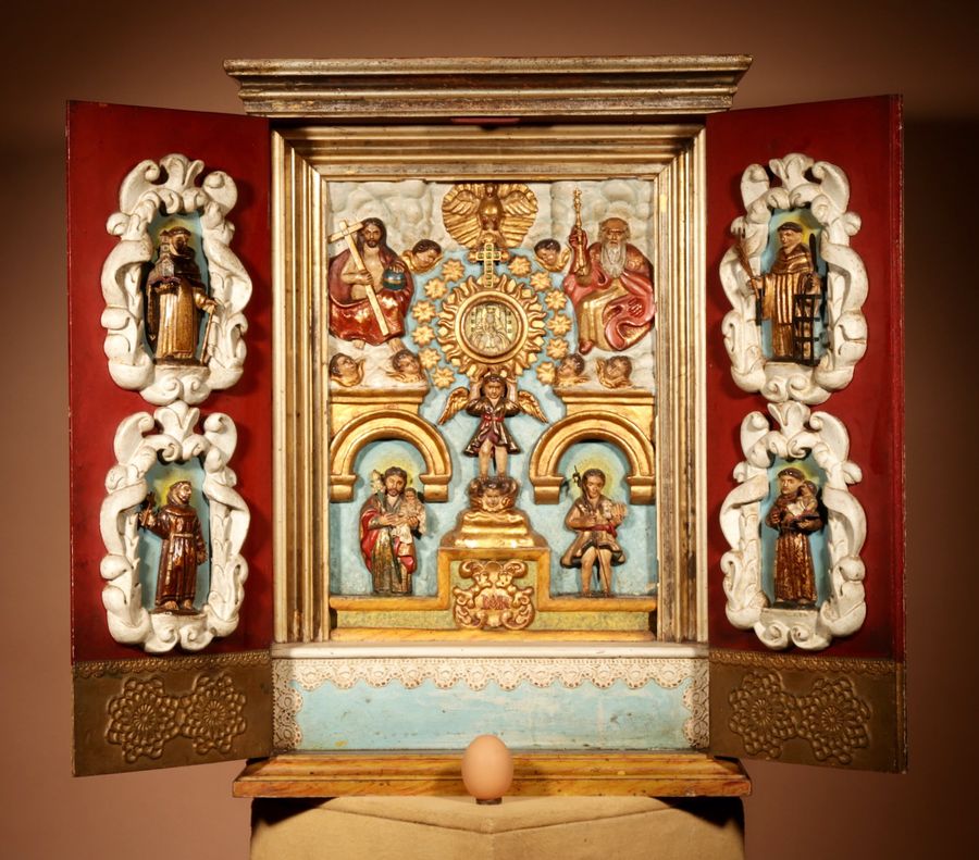 Spanish Folk Art Polychromed Home Altar. Circa 1900.