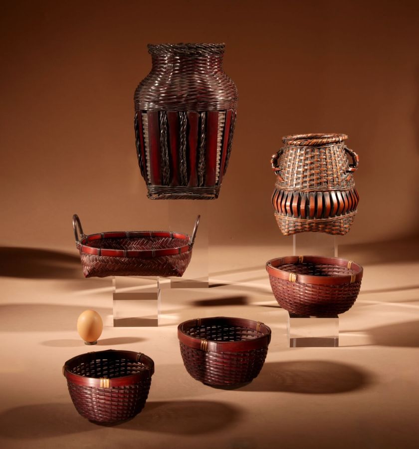 Oriental Woven Bamboo Collection Of Different Baskets.