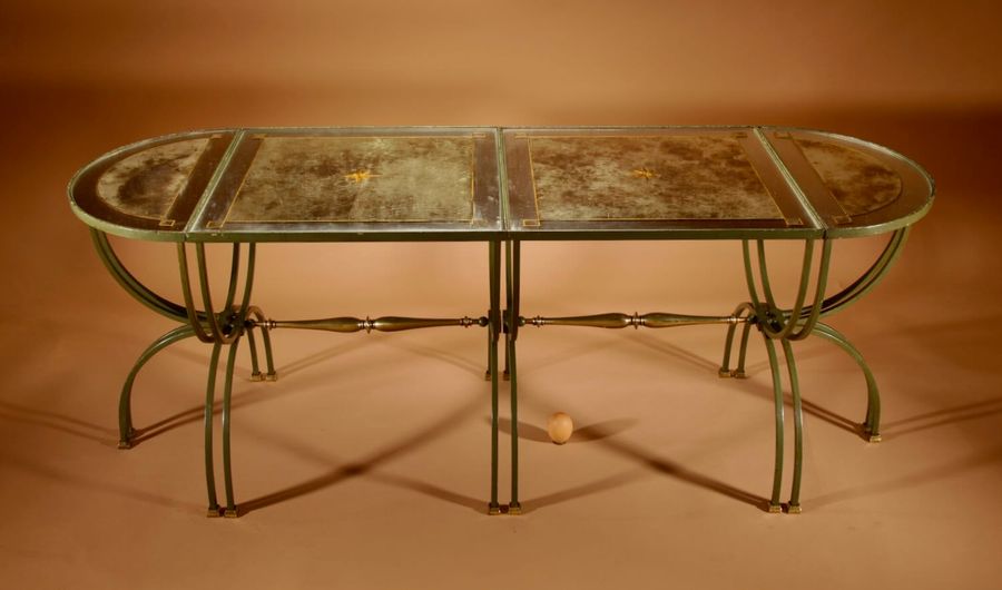 Exceptional Four Parts Art Deco Wrought Iron, Brass And Original Glass French Coffee Table.