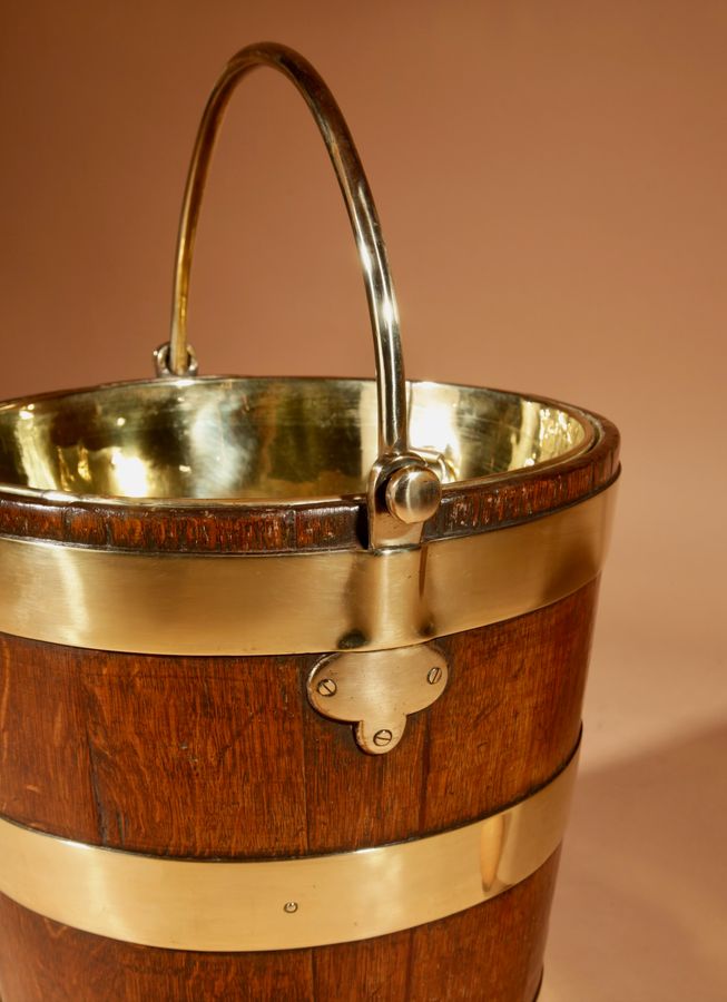 Antique Coopered Oak And Brass Bucket Dutch 19th Century.