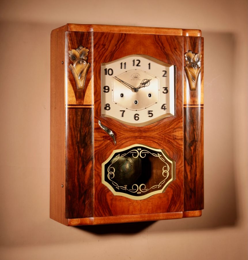Art Deco Westminster Romanet Carillon Walnut and Satin Wood Wall Clock French circa 1950-60