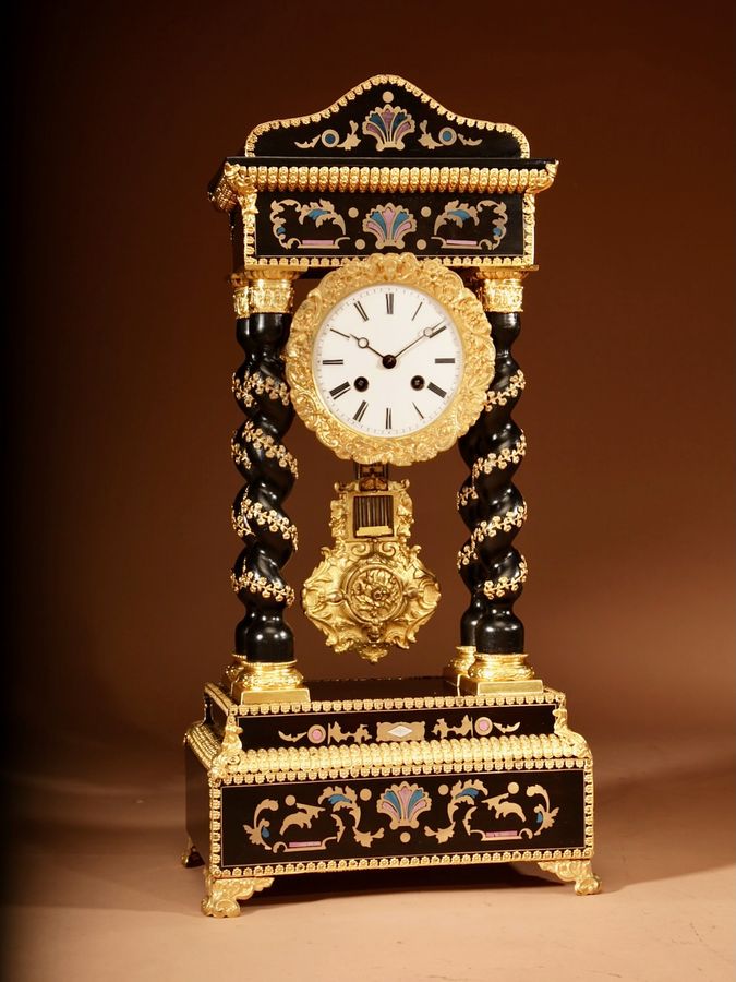 Exceptional Original Boulle Style and Gilded French Portico Clock.