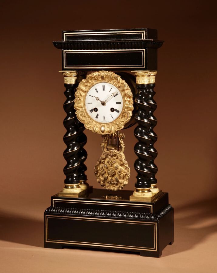 An Original Ebonised and Brass Inlayed French Portico Clock circa:1870