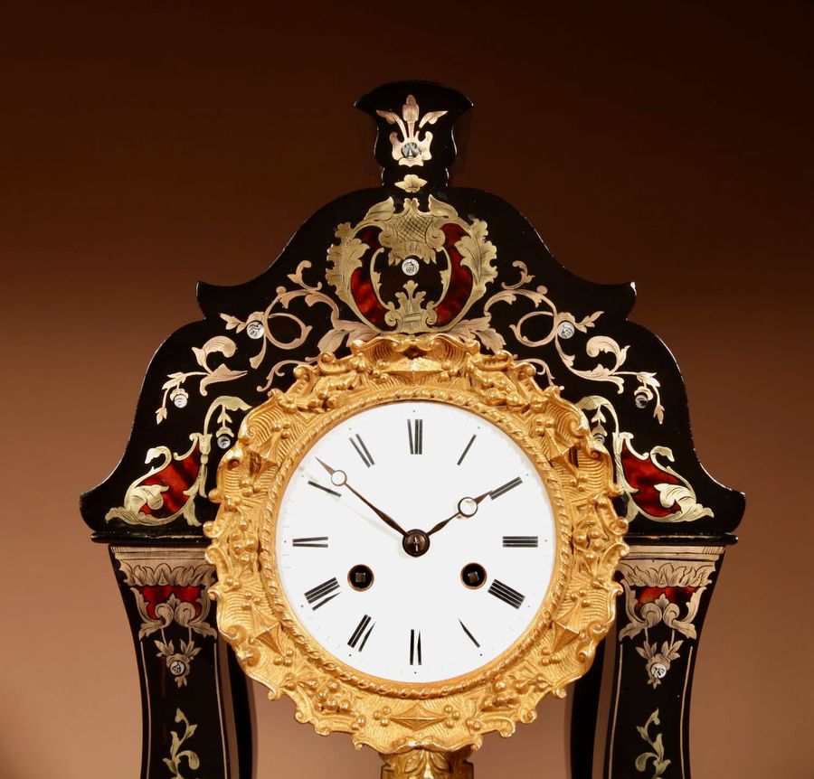 Antique “Boulle” Mantel Clock In The portico Clock Style, French Circa 1870.