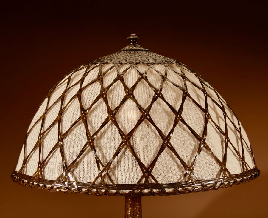 Antique Art Nouveau/Art Deco Rare Original patinated Brass Hand-Woven Flat Brass Strap-Work Table Lamp.