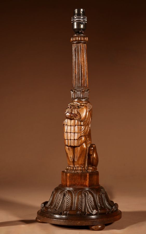 Antique  Art Deco Amsterdam School Carved wooden Table Lamp.