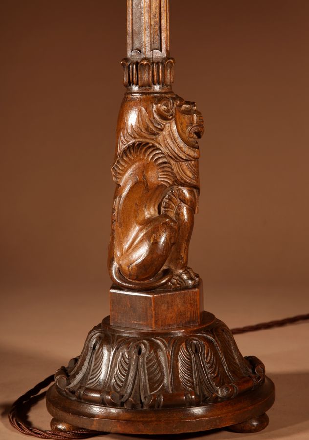 Antique  Art Deco Amsterdam School Carved wooden Table Lamp.