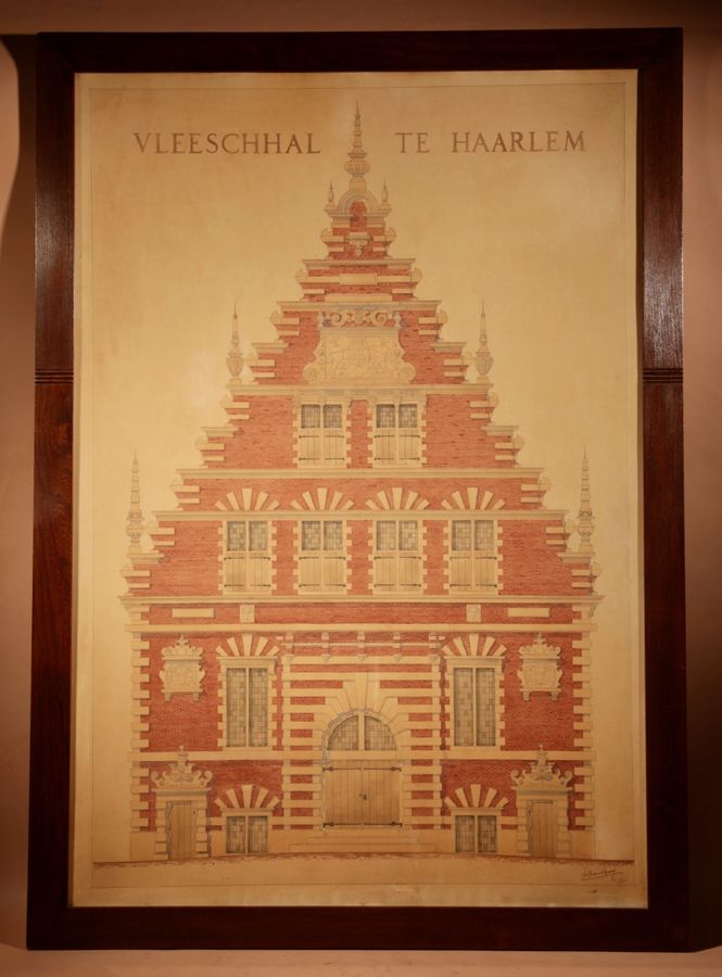 Antique   Very Detailed Architectural Watercolour/Pen Drawing Of The Famous Vleeschhal Front Te Haarlem, The Netherlands Build in 1603.